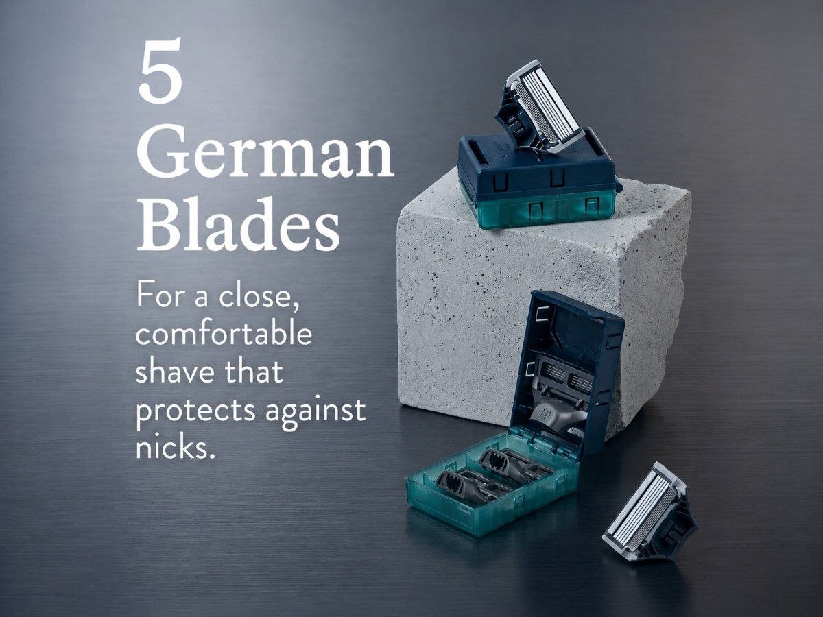 Harry's 5-blade German-engineered razor cartridges in protective sealed trays
Harry's 5-Klingen-Rasierklingen aus deutscher Produktion in hygienisch versiegelten Verpackungen