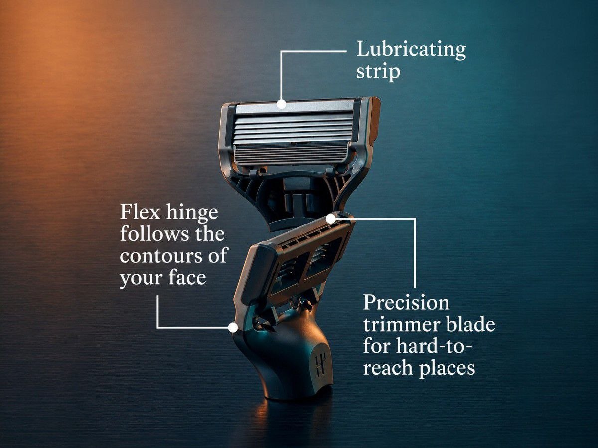 Harry's razor cartridge from Rollman Shop showcasing lubricating strip, flex hinge, and precision trimmer blade.
Harry's Rasierkassette von Rollman Shop mit Gleitstreifen, flexiblem Gelenk und Präzisionstrimmer.
Cartucho de afeitar Harry's de Rollman Shop que muestra la banda lubricante, el eje flexible y la cuchilla recortadora.