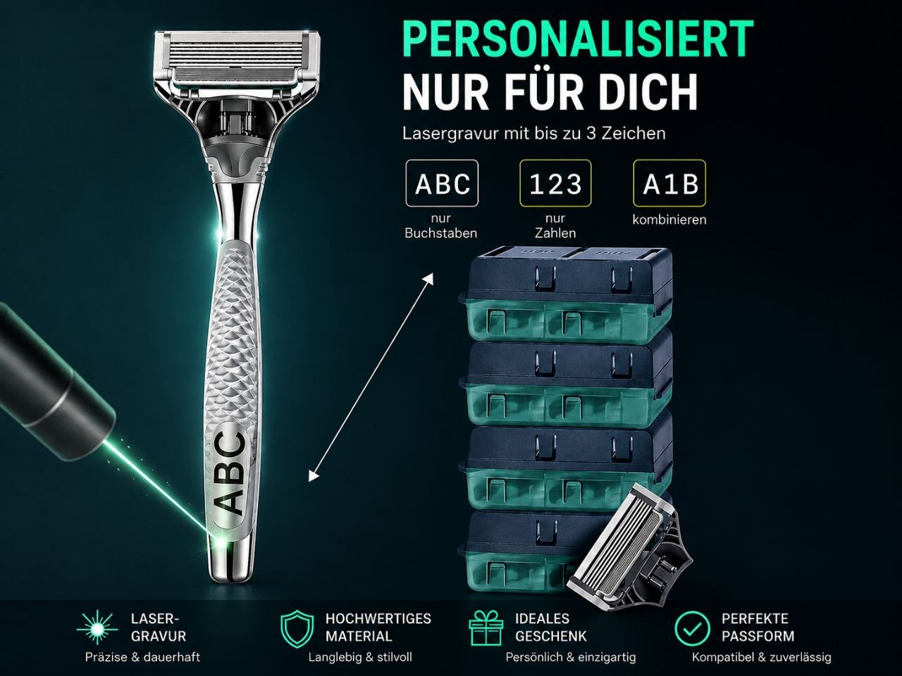 Megaset de navajas de afeitar de plata Harry's personalizadas | Mango grabado personalizado + 32 recambios de cuchillas